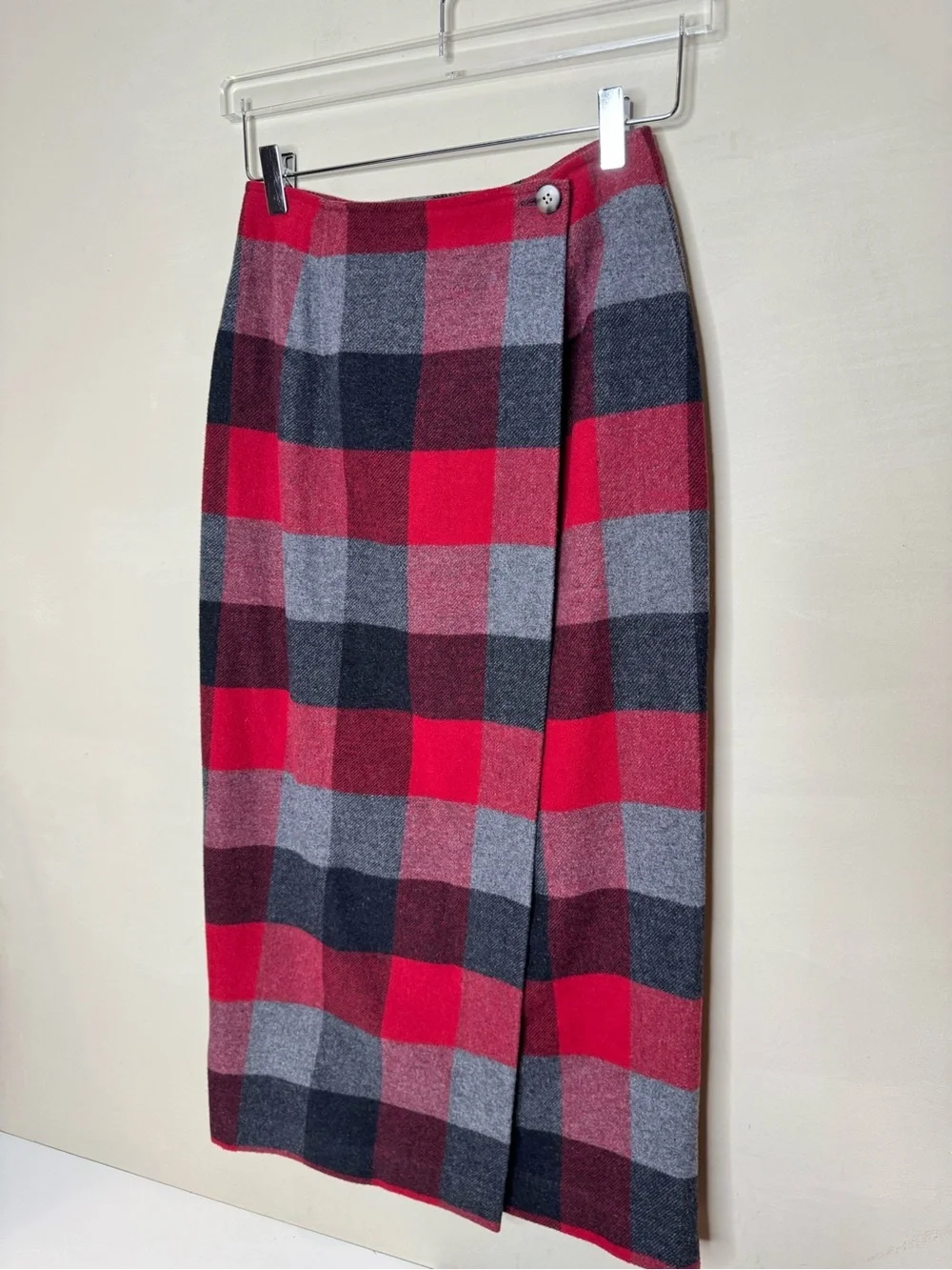 Vintage Old Navy Plaid Wool Blend Wrap Midi Skirt Size 4 Red Gray Black